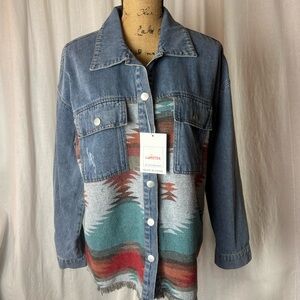 NWT Lumister Women's Aztec Denim Jacket Distressed Southwest Medium Multicolor